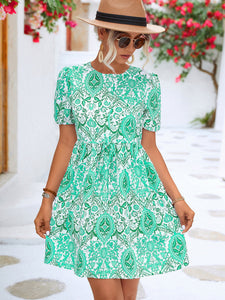 Printed Round Neck Puff Sleeve Mini Dress