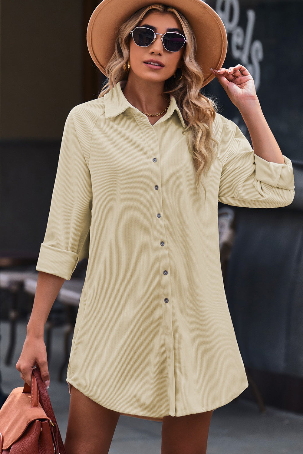 Button Front Curved Hem Raglan Sleeve Shirt Dress