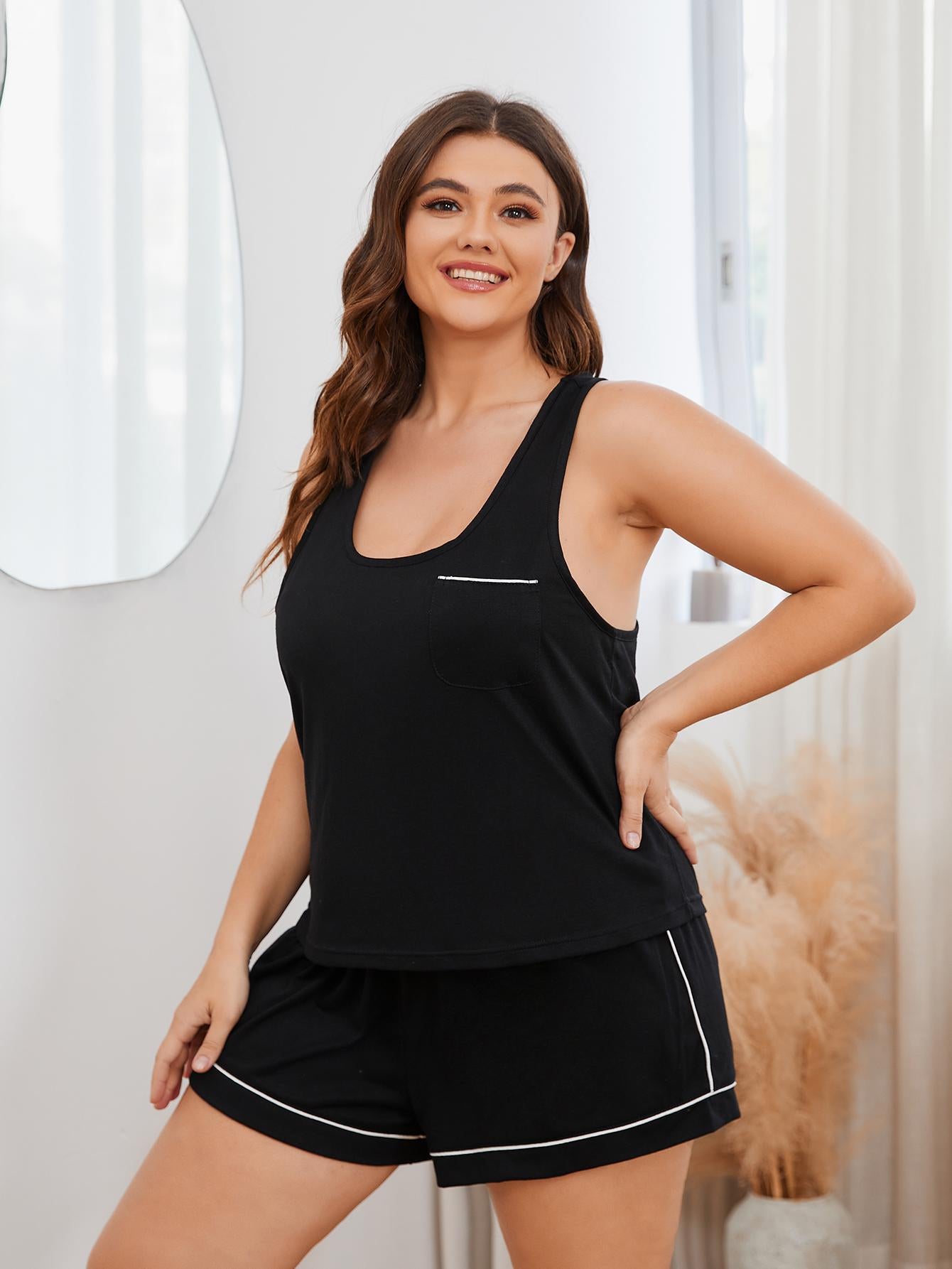 Plus Size Contrast Piping Racerback Tank and Shorts Lounge Set