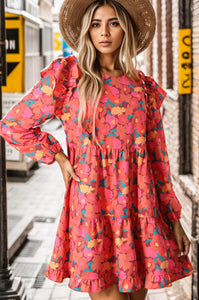 Printed Ruffle Trim Balloon Sleeve Tiered Dress