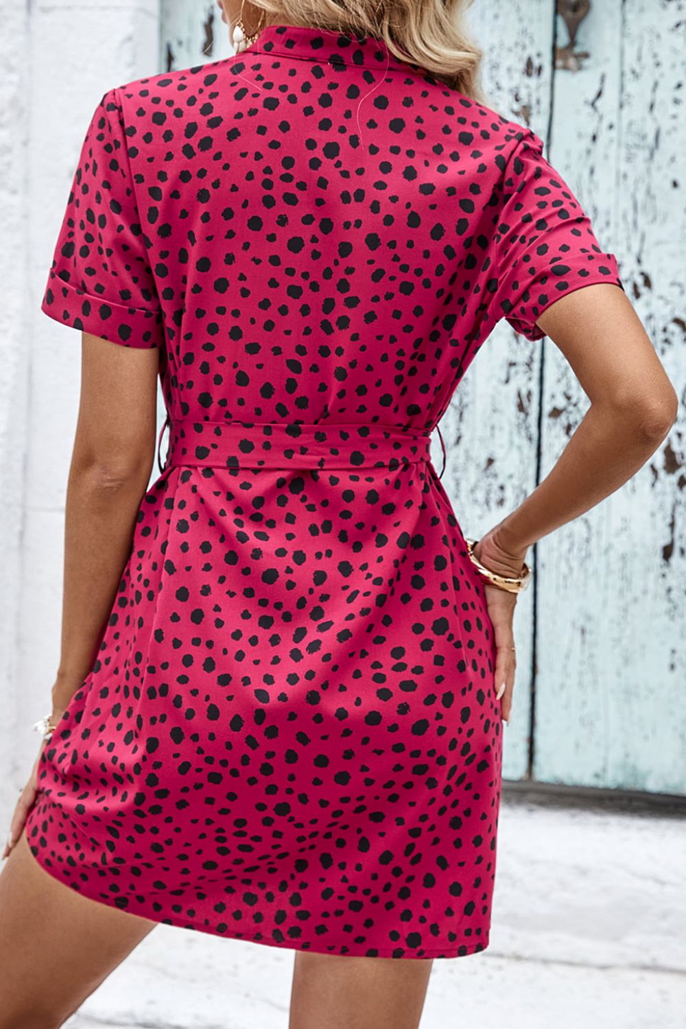 Dotted Short Sleeve Tie Belt Dress