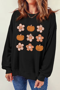 Round Neck Long Sleeve Pumpkin & Flower Graphic Sweatshirt