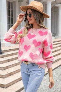 Round Neck Dropped Shoulder Sweater with Heart Pattern