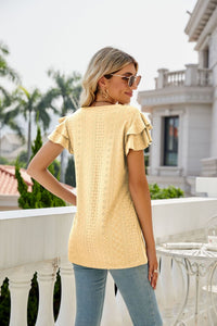 Eyelet Layered Flutter Sleeve V-Neck Top