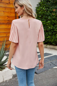 Pleated Flutter Sleeve Round Neck Blouse