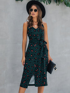 Printed Tie-Waist Spaghetti Strap Dress