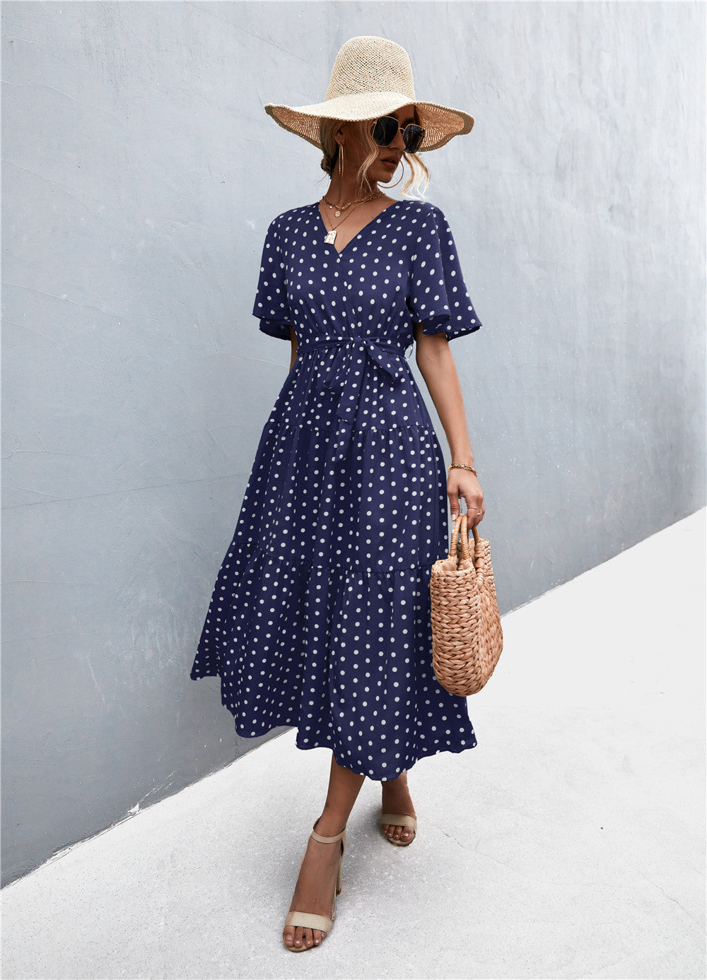 Printed V-Neck Flutter Sleeve Belted Dress