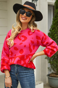 Leopard Round Neck Dropped Shoulder Sweater