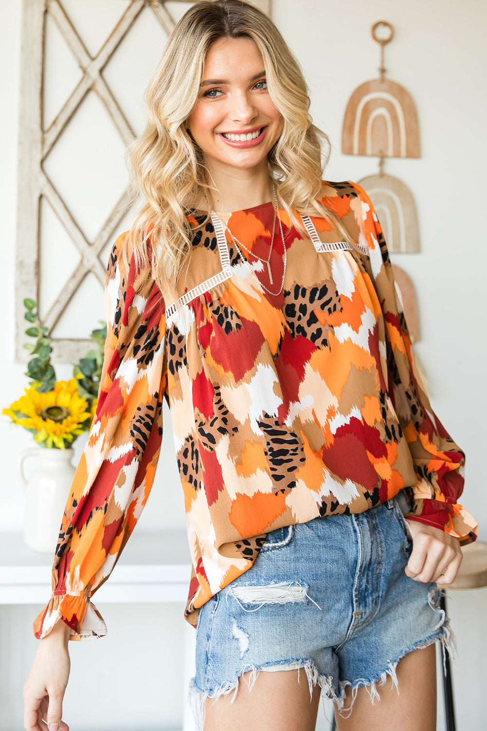 Printed Flounce Sleeve Buttoned Blouse