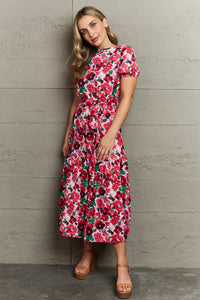 Full Size Belted Surplice Short Sleeve Midi Dress