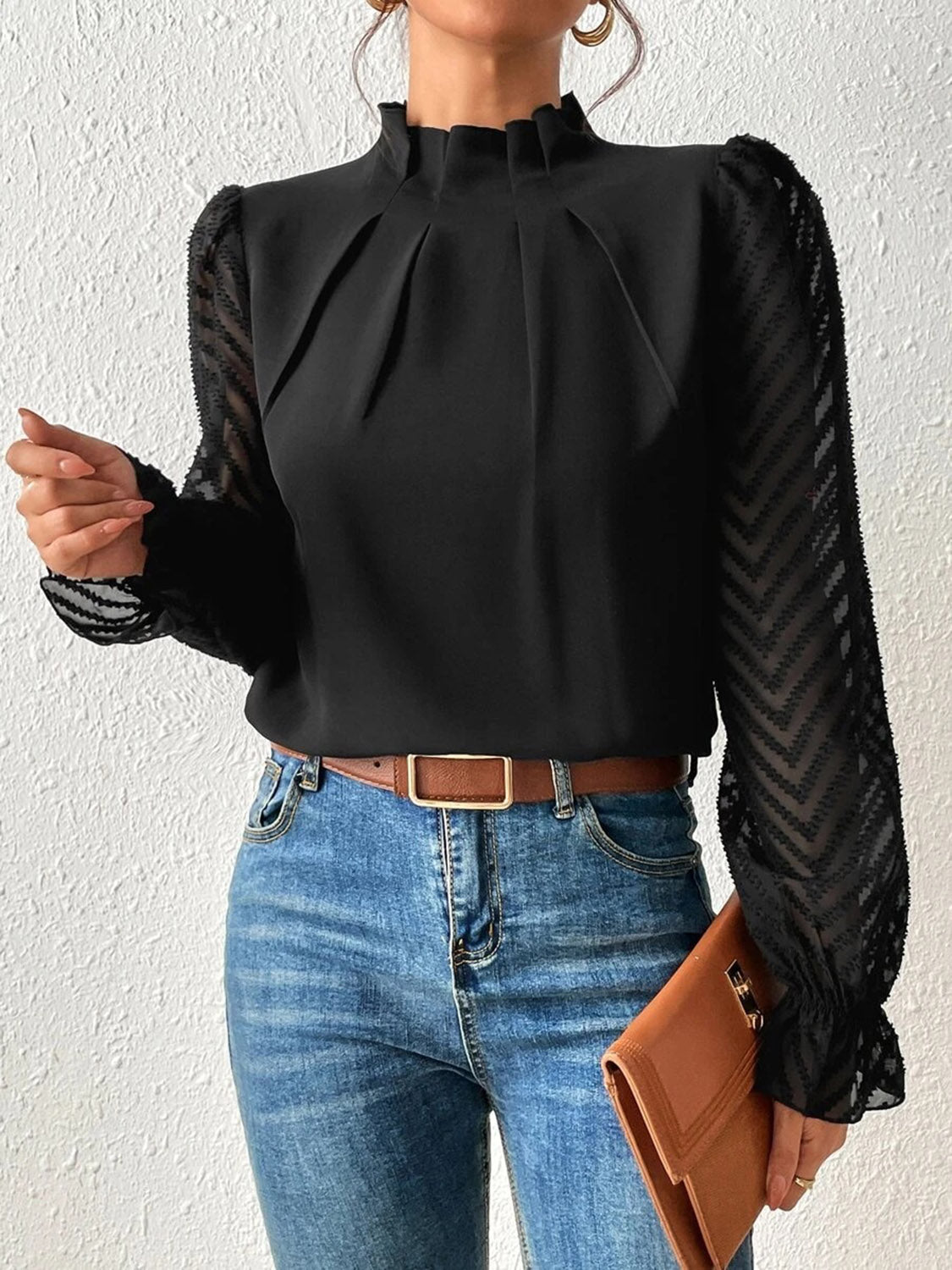 Mock Neck Flounce Sleeve Blouse