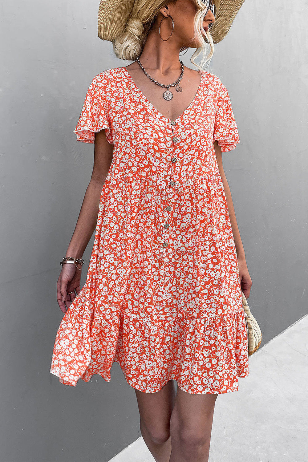 Floral Buttoned V-Neck Flutter Sleeve Dress