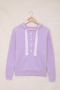 Lace Trim Half-Button Drawstring Knit Hoodie