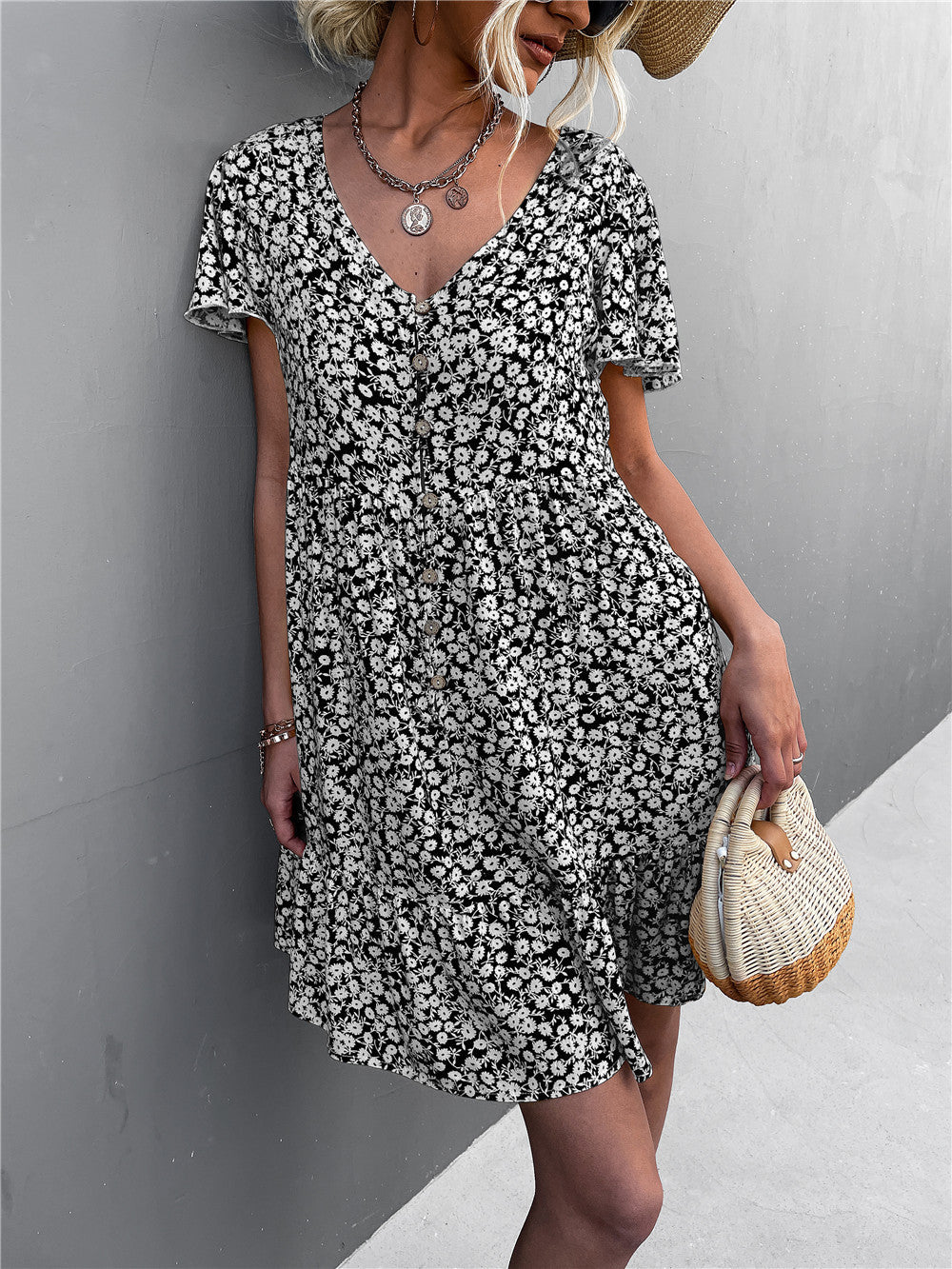 Floral Buttoned V-Neck Flutter Sleeve Dress