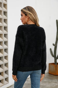 Dropped Shoulder Round Neck Fuzzy Sweater