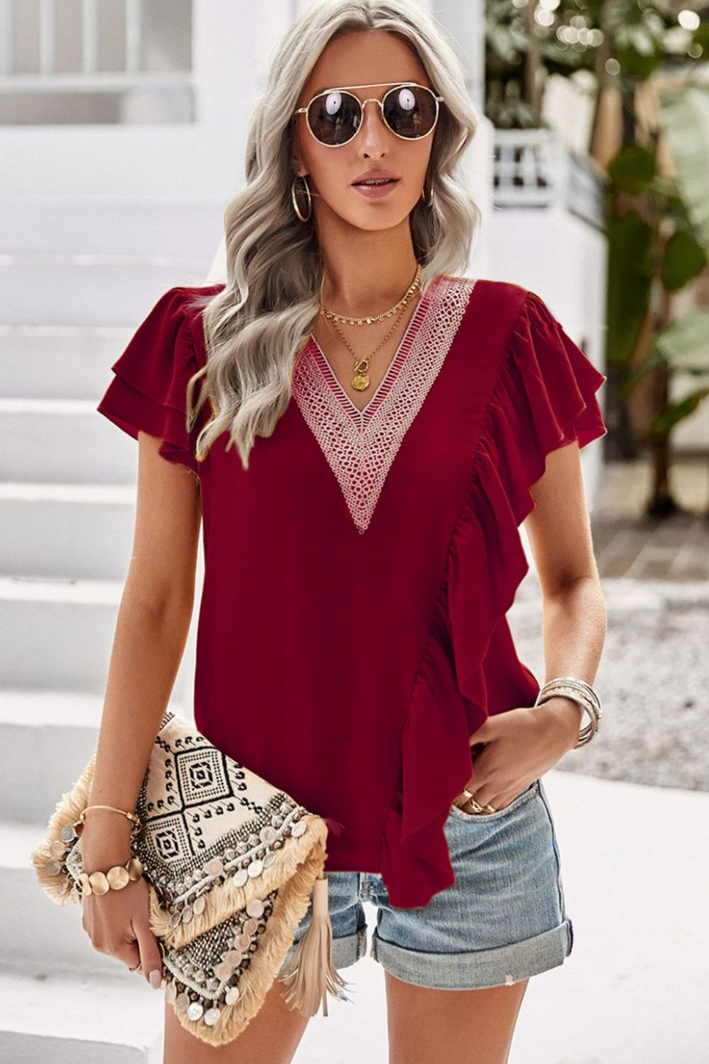 Contrast Ruffle Trim Flutter Sleeve Blouse