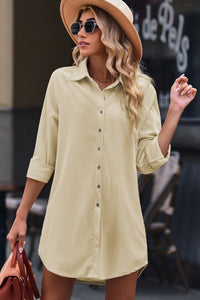 Button Front Curved Hem Raglan Sleeve Shirt Dress