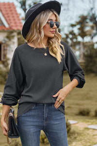 Eyelet Round Neck Long Sleeve T-Shirt