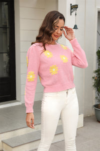 Flower Pattern Round Neck Short Sleeve Pullover Sweater