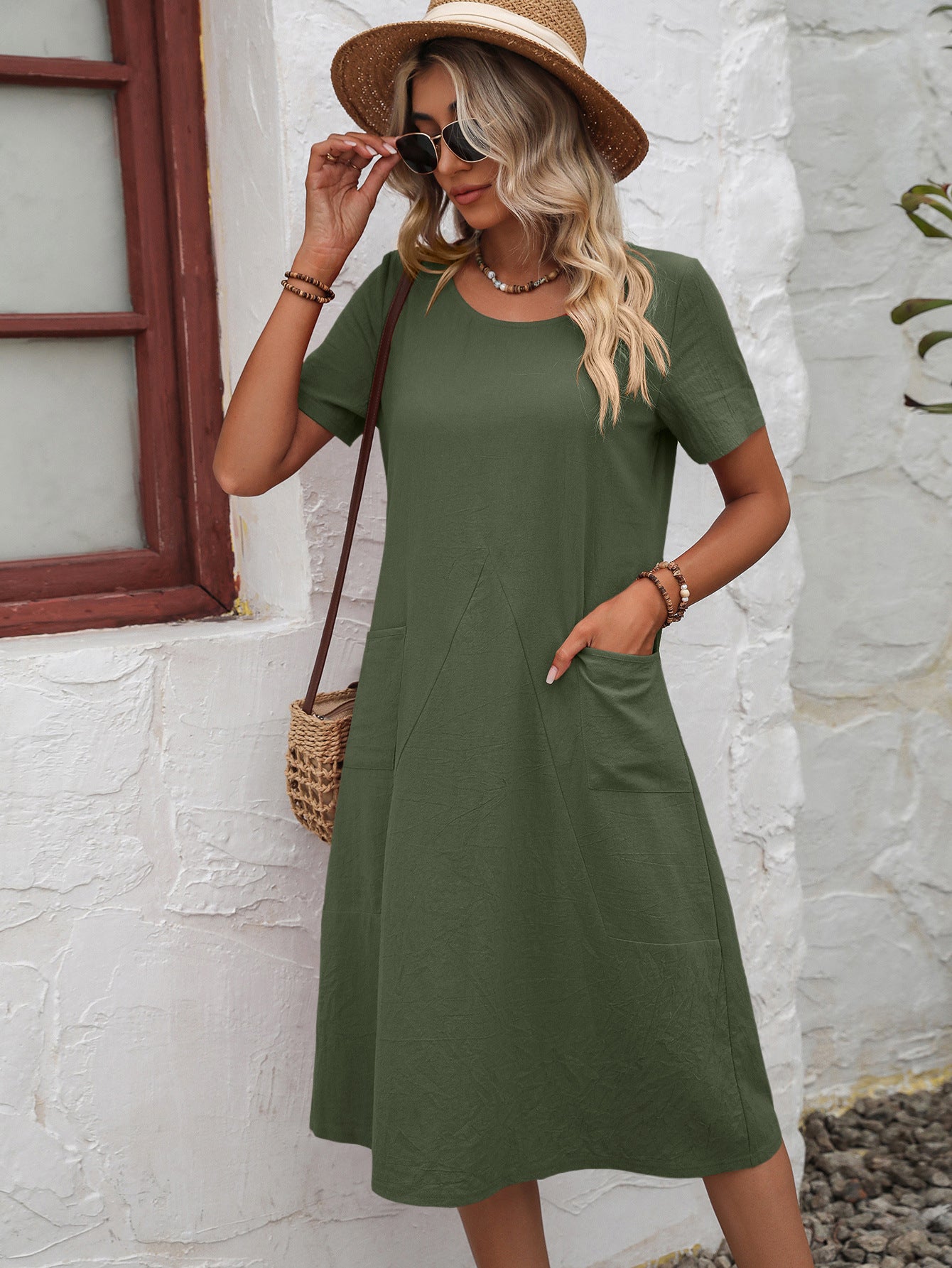 Round Neck Short Sleeve Dress with Pockets