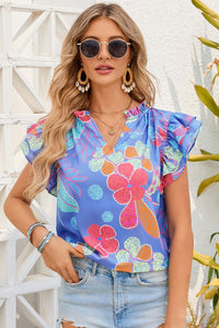 Floral Notched Neck Flutter Sleeve Blouse