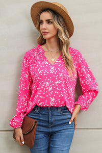 Printed Notched Neck Smocked Blouse