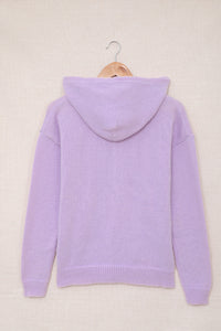 Lace Trim Half-Button Drawstring Knit Hoodie