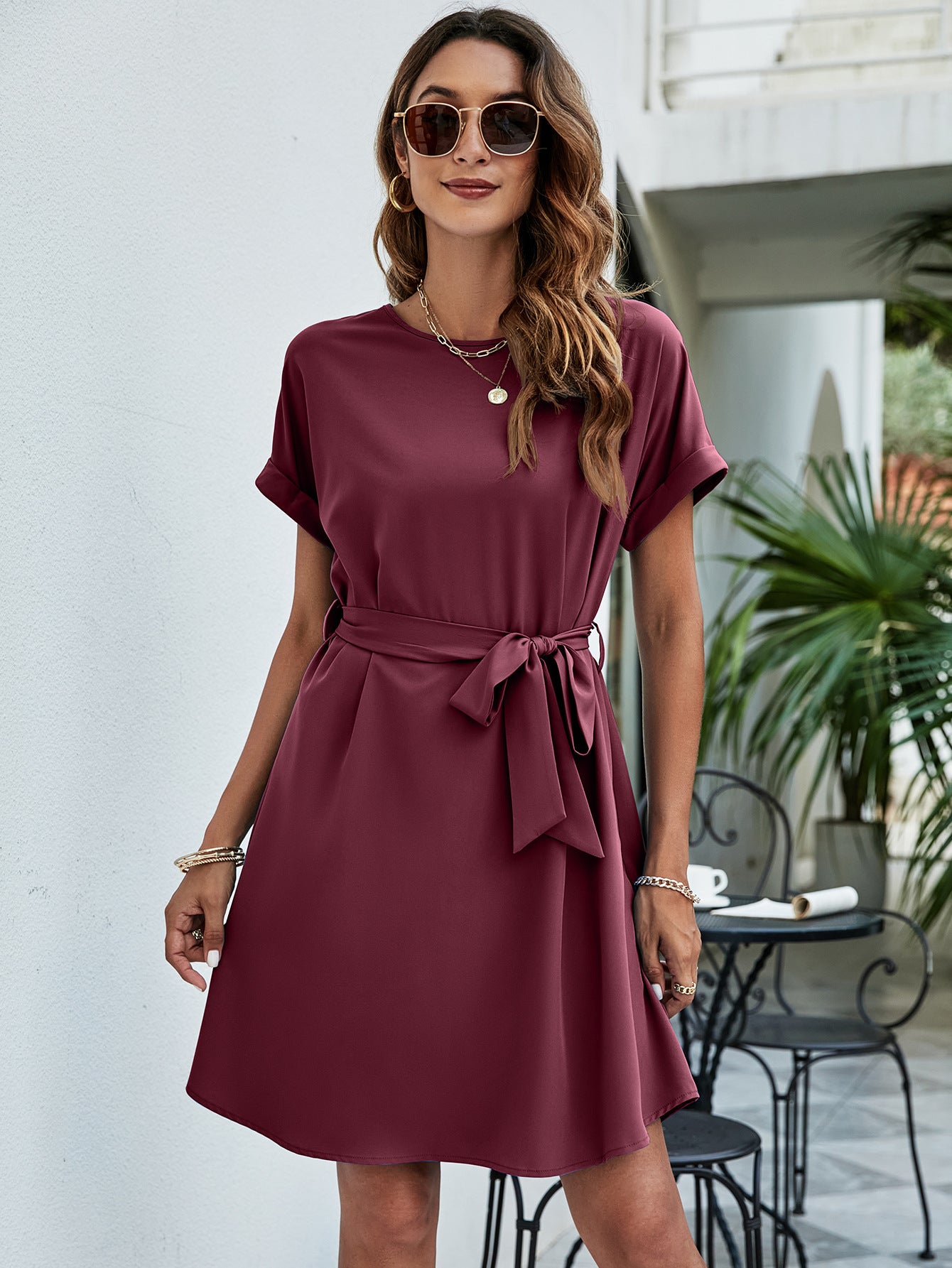 Belted Round Neck Curved Hem Dress