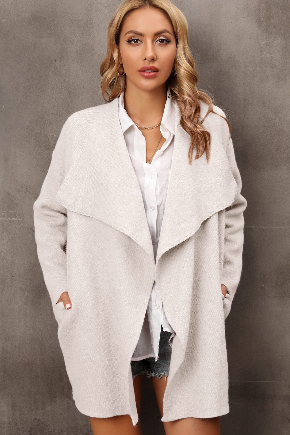 Waterfall Collar Longline Cardigan with Side Pockets