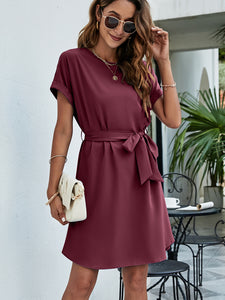 Belted Round Neck Curved Hem Dress