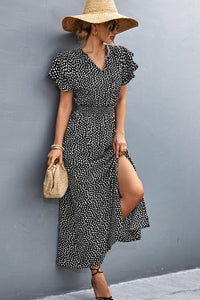 Printed Tie-Neck Flutter Sleeve Split Dress