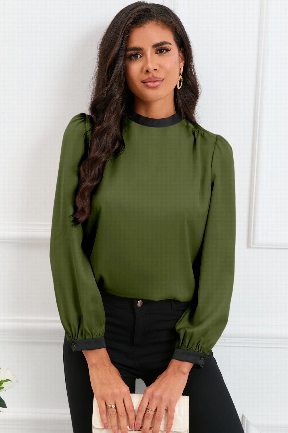 Round Neck Puff Sleeve Back Tie Blouse