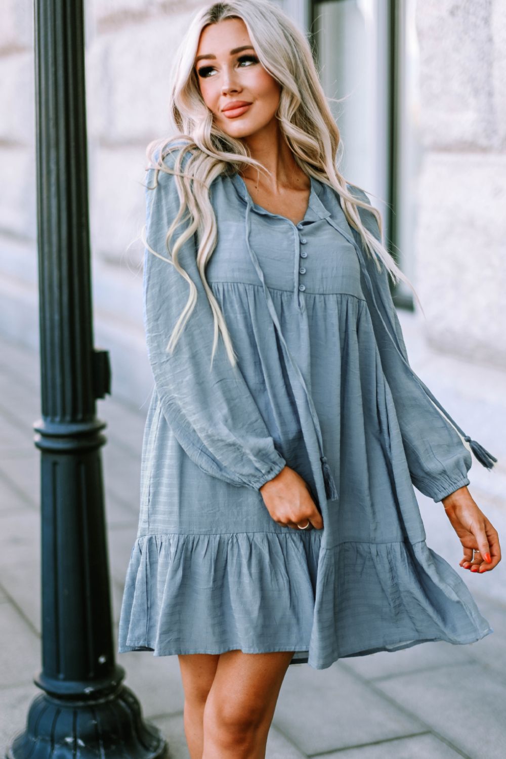 Half Button Ruffle Hem Babydoll Dress