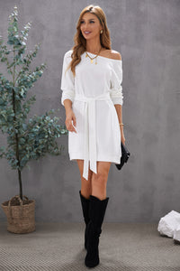 Boat Neck Belted Long Sleeve Dress