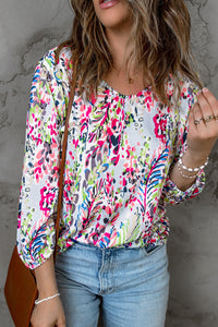 Printed Round Neck Balloon Sleeve Blouse