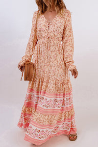 Bohemian Lace-Up Long Sleeve Maxi Dress