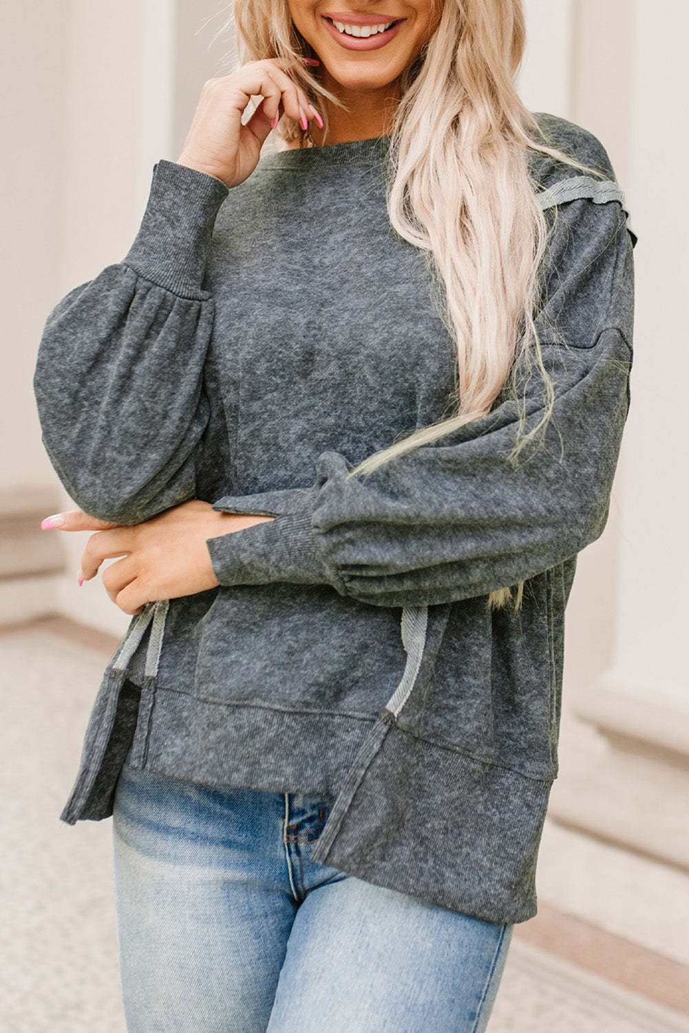 Acid Wash Round Neck Seam Detail Slit Sweatshirt