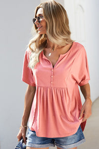 Buttoned Notched Neck Short Sleeve Top