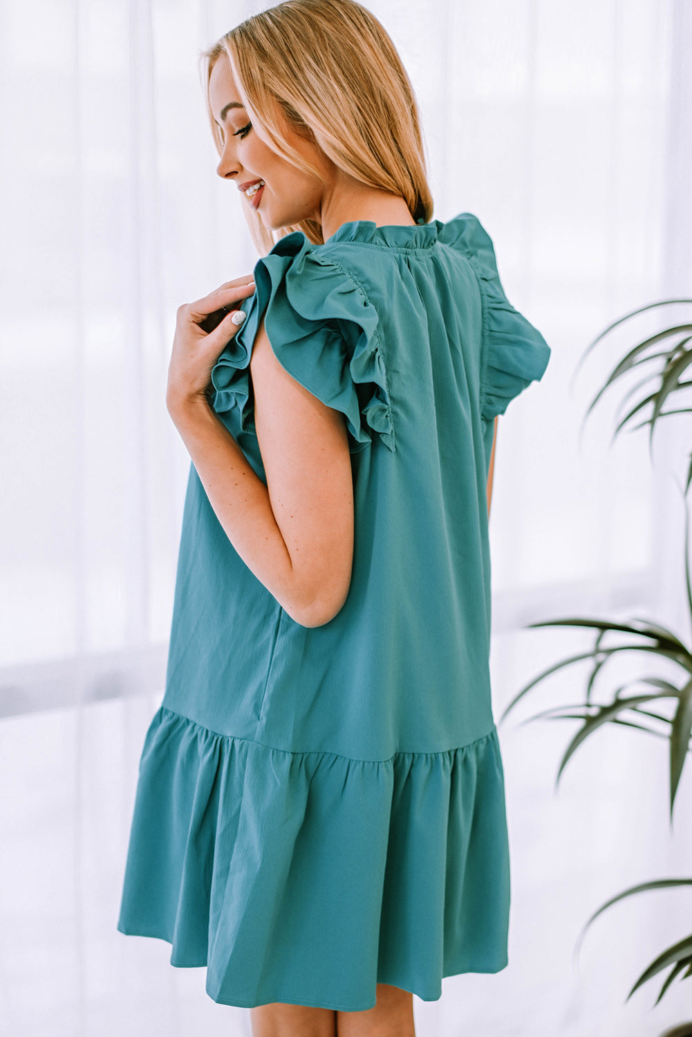 Ruffle Shoulder Tie-Neck Tiered Dress