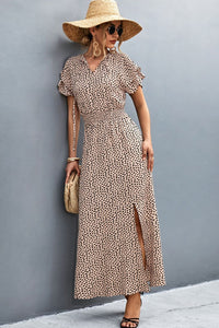 Printed Tie-Neck Flutter Sleeve Split Dress