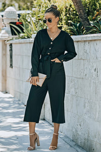 Belted Button Front Cropped Jumpsuit