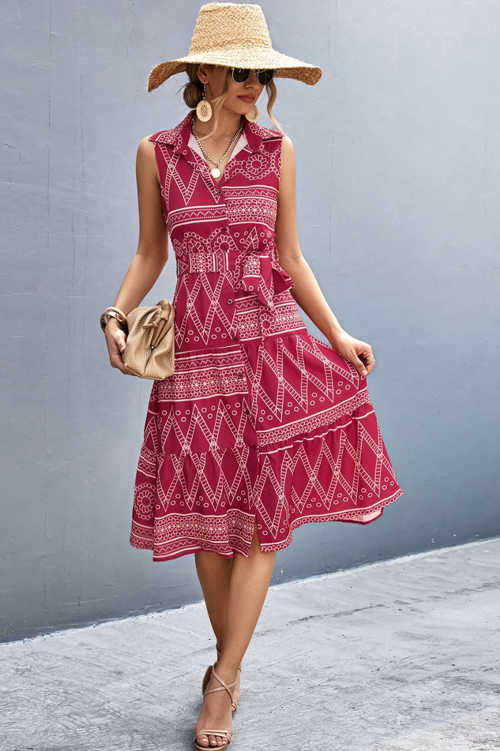 Printed Button Front Tie-Waist Sleeveless Collared Dress