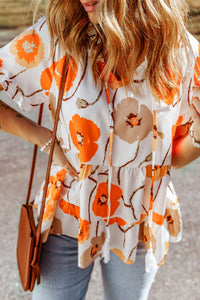 Printed Flounce Sleeve Tie-Neck Peplum Blouse