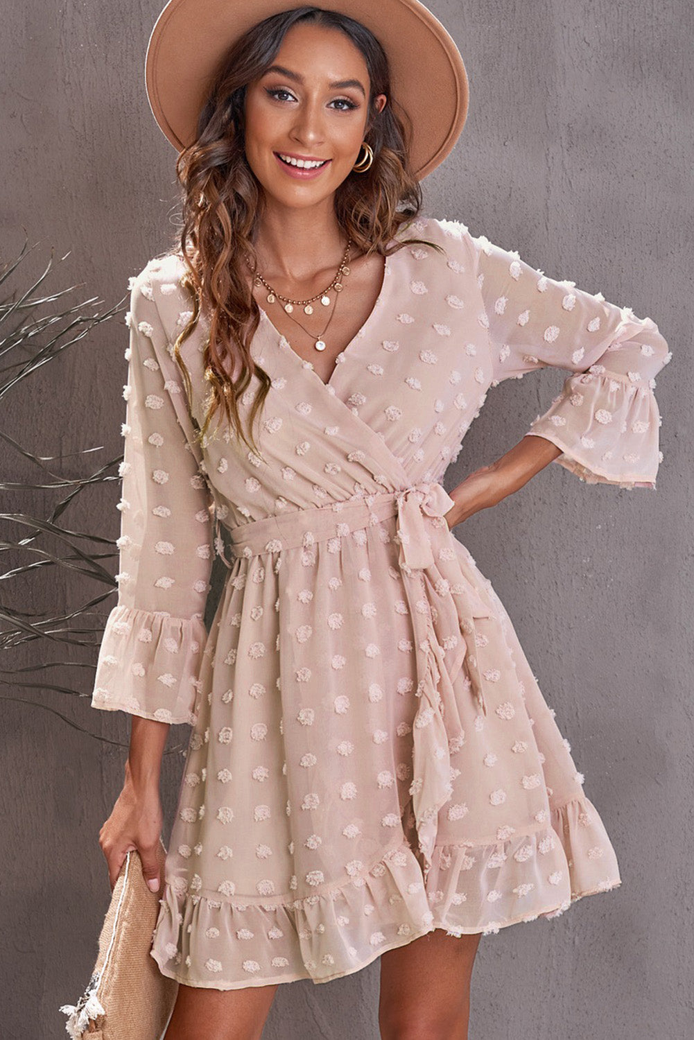 Swiss Dot Ruffled Tie-Waist Surplice Dress