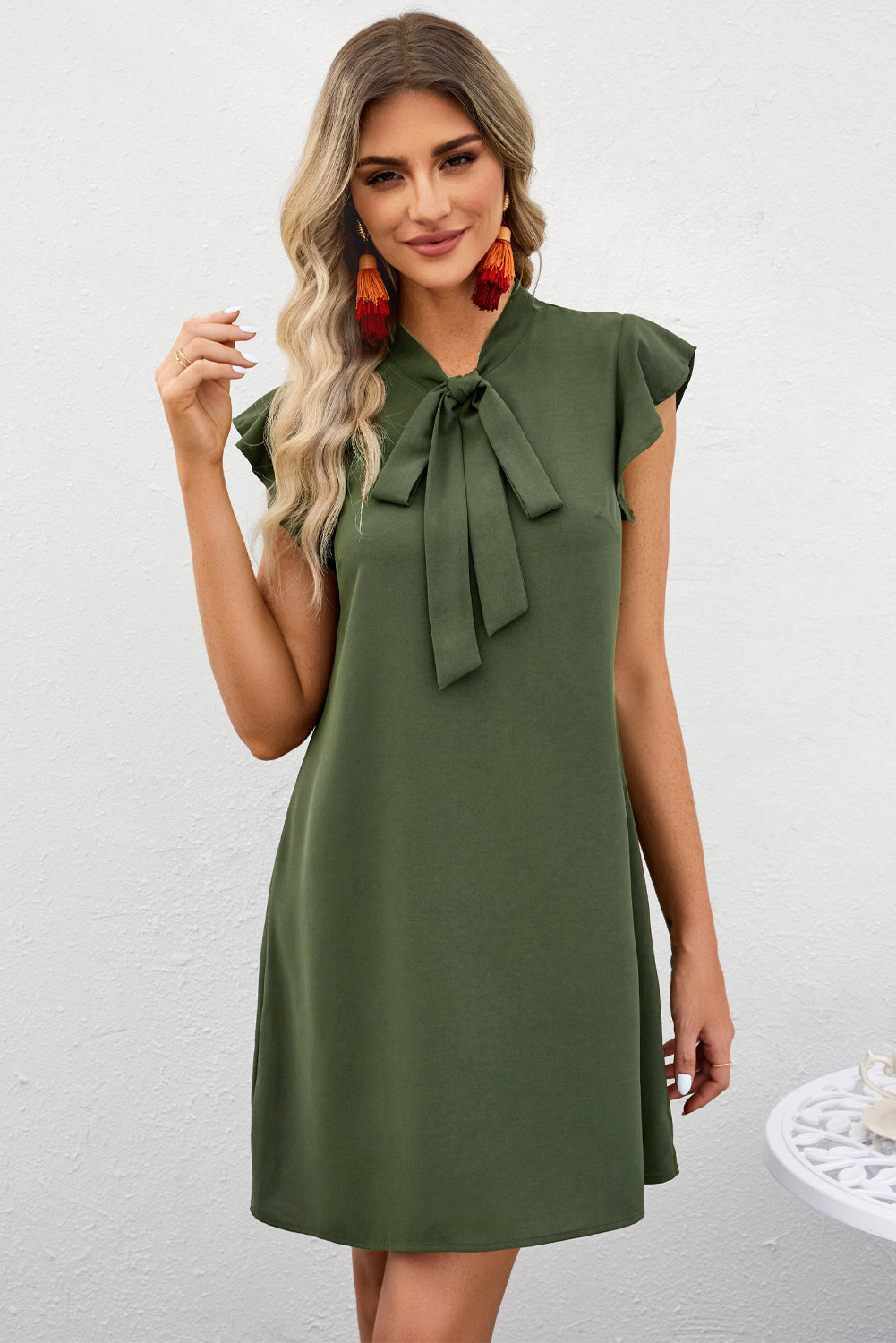 Tie Neck Flutter Sleeve Shift Dress