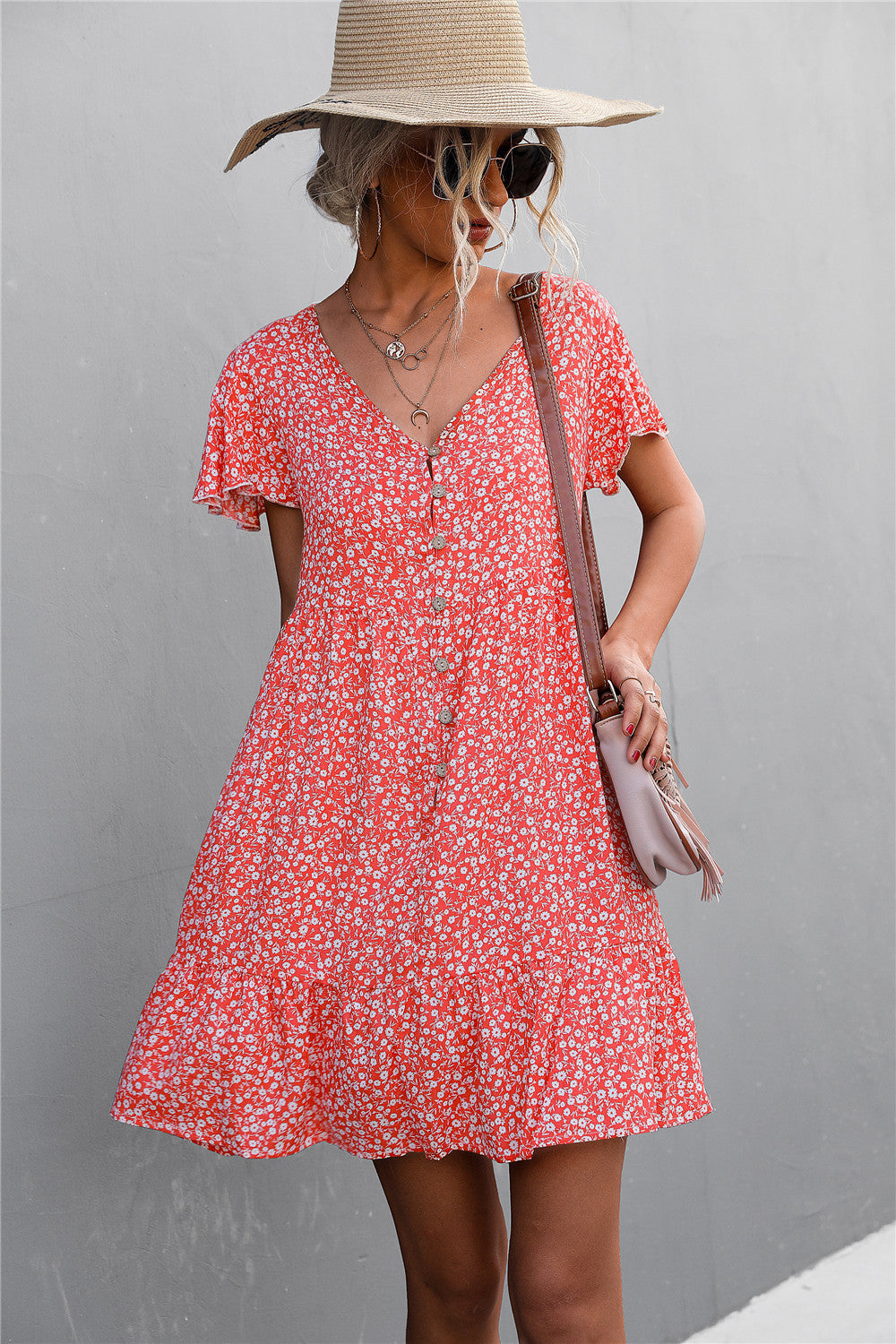 Floral Buttoned V-Neck Flutter Sleeve Dress