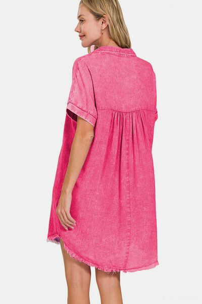 Zenana Washed Linen V-Neck Raw Hem Dress