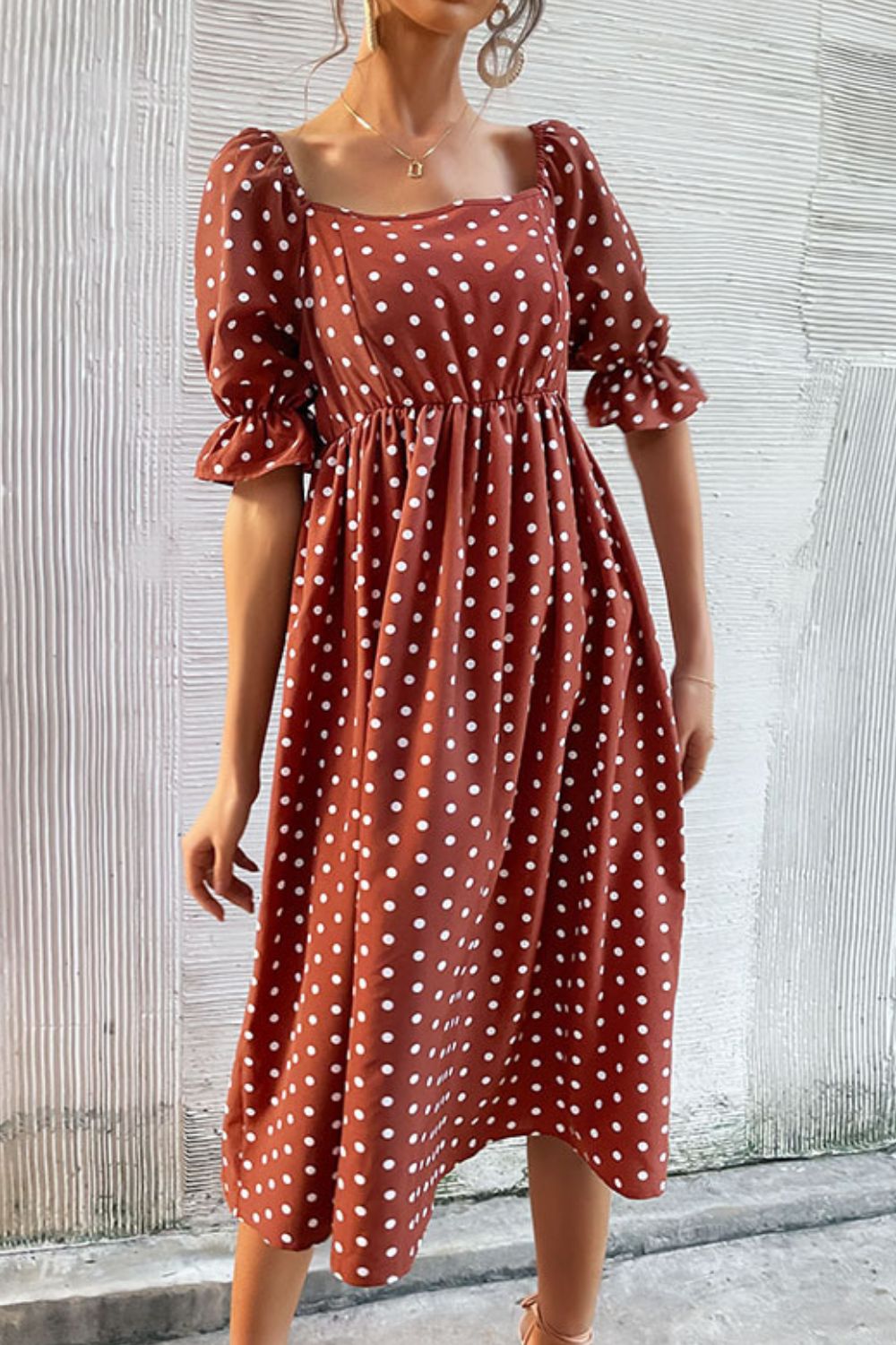 Polka Dot Square Neck Flounce Sleeve Dress