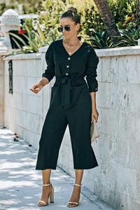 Belted Button Front Cropped Jumpsuit