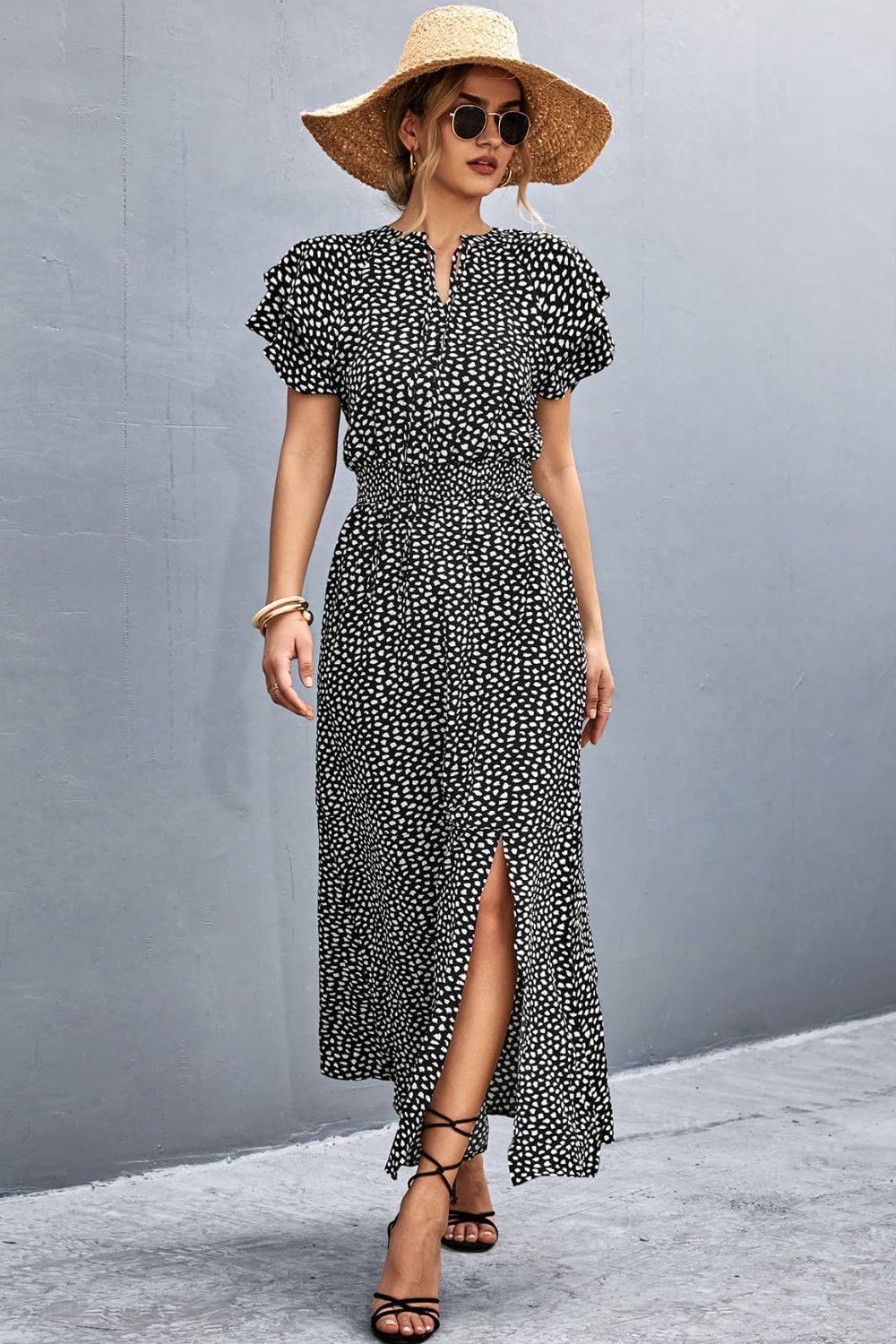 Printed Tie-Neck Flutter Sleeve Split Dress